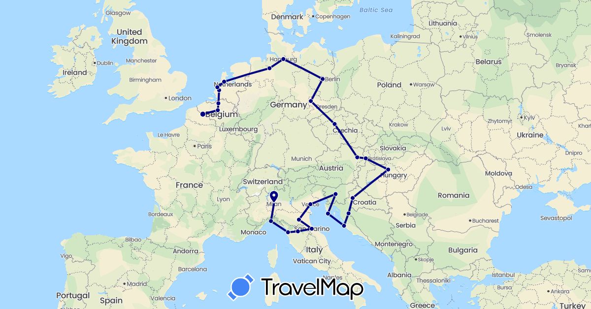 TravelMap itinerary: driving in Austria, Belgium, Czech Republic, Germany, France, Croatia, Hungary, Italy, Netherlands, Slovenia, Slovakia, San Marino (Europe)
